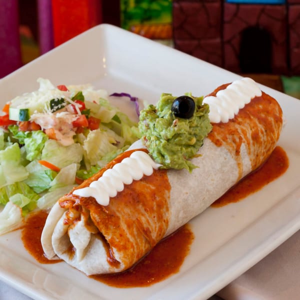 A large burrito covered in red sauce and sour cream, with guacamole and a side salad.