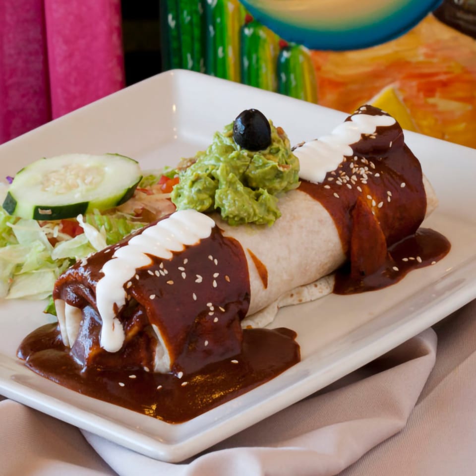 El Coronel's burrito smothered in rich mole sauce, topped with sour cream, guacamole, and a side salad.