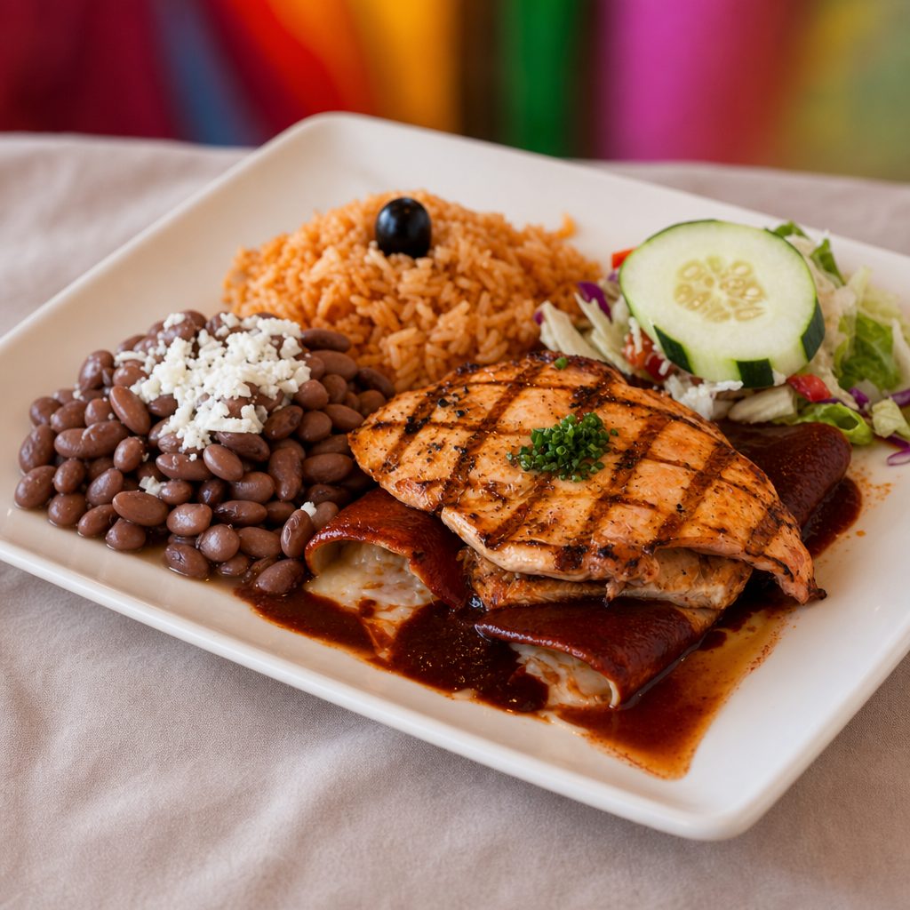 Guajillo Enchiladas & Grilled Chicken Breast.